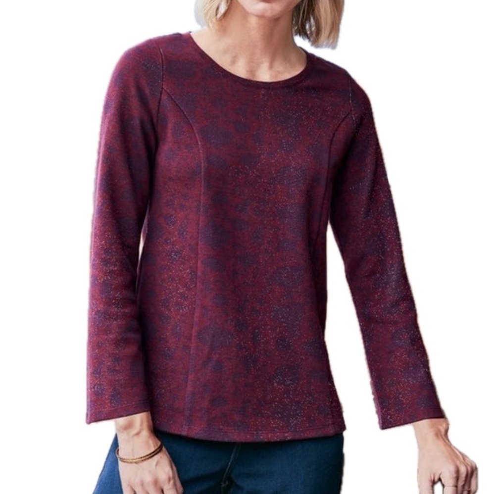 Soft Surroundings Jeri Jaquard Burgandy&Navy Metallic Thread Long Sleeve Size 1X
